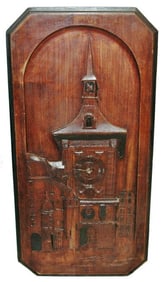 Carved Wood Plaque of Church Tower w Working Clock