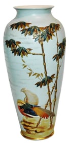 Mettlach 12-1/4" Asian Relief Bird & Bamboo Vase