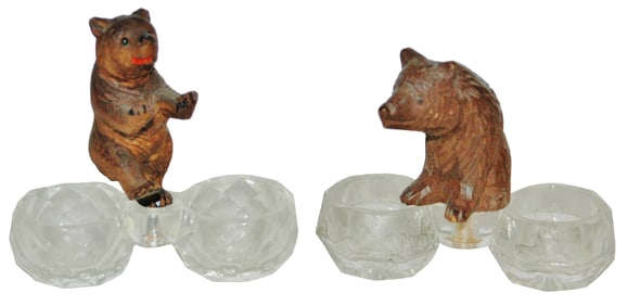 PAIR of Black Forest Carved Wood Bear Open Salts