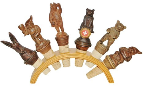 SIX Black Forest Carved Wood Bottle Stoppers