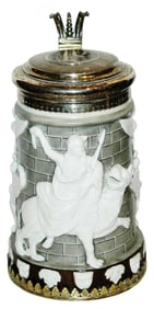 Woman on Large Cat Stein w Silver & 1696 Coin Lid