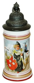 Munich Maid w Large Stein w Shield Stein w Litho