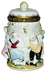 1L Meissen Relief People Stein w Brass Mounts