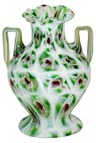 Millefiori Caning Glass Vase w Handles&Ruffled Rim