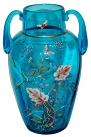 Blue Glass Enamel Butterflies & Flowers Vase