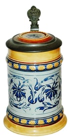 Mettlach Floral Design Stein w Inlay Lid