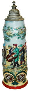 3-1/2L Musicians Walking Wrap Around Scene Stein: Pottery Dumler & Breiden #694 Relief 3 1/2L. Musicians walk around stein body. Mint.