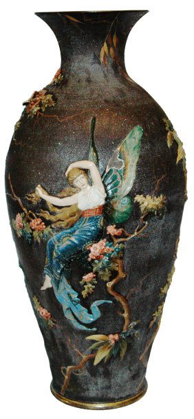 Mettlach 25" Butterfly Woman & Floral Relief Vase