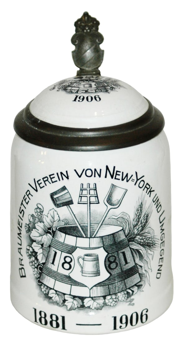Mettlach New York Brewmaster Association Stein: Mettlach #1526 PUG 1/2L. “Braumeister Verein von New York und Umgegend 1881-1906.’ Inlay lid. Mint.