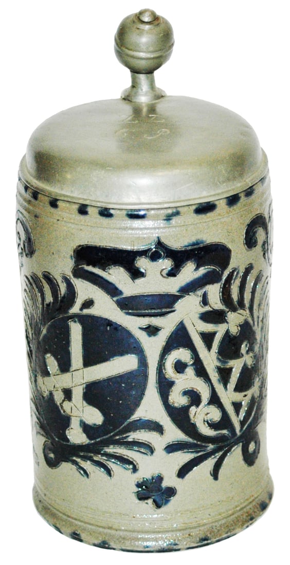 Muskau Saxon Shield Under Crown c1780 Stein: Stoneware Stein 1/2L Muskau Factory. Saxon shield under crown. Circa 1780. Rim flake.