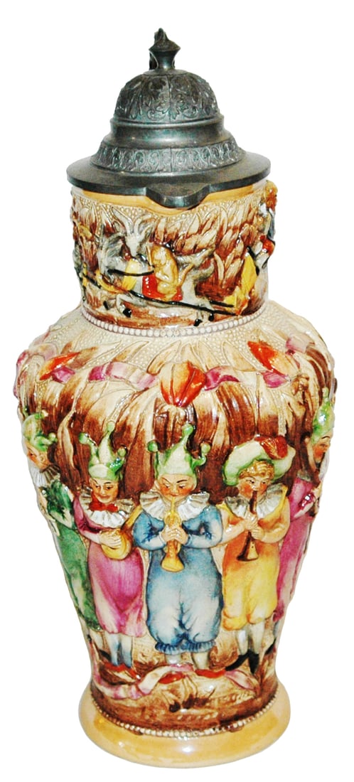 Diesinger 2L Musician Pixies w Instruments Stein: Pottery Diesinger #745 Relief 2L. Five pixies playing instruments. Mint $150-250