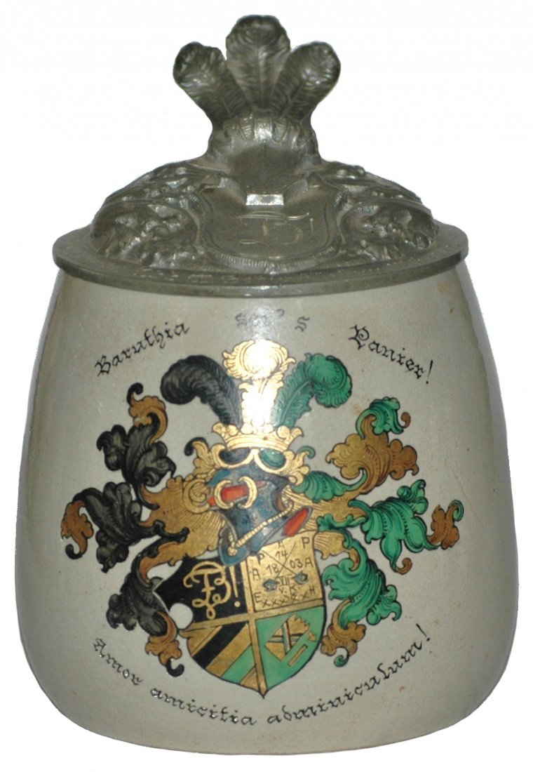 Stoneware Dueling Student Fraternal Stein: Stoneware POG 1/2L. Dueling fraternal shield. Relief shield pewter lid. Mint.