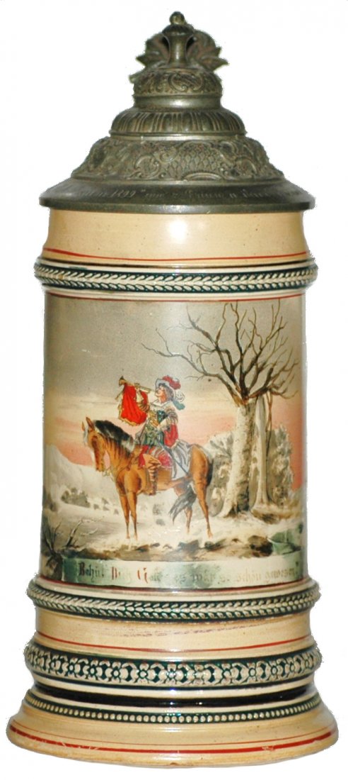 Pottery Stein Trumpeter Design: Pottery POG 1/2L. Trumpeter. Minor tang tear.