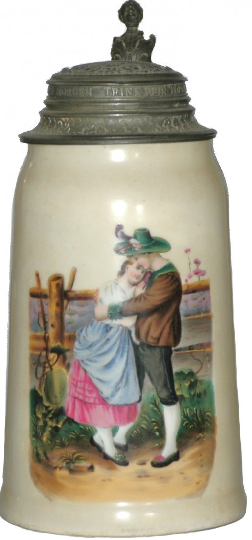 Porcelain Litho Stein of Embracing Couple: Porcelain POG 1L. Embracing couple. Large litho in base. Pewter relief lid. Mint.