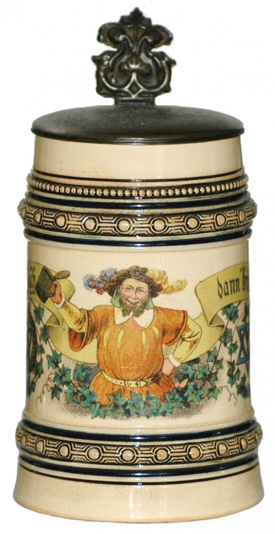 Falstaff & Brewers Symbol Stein: Pottery Merkelbach & Wick POG 1/2 L. Flastaff. Brewers symbol and wreath on sides. Mint.
