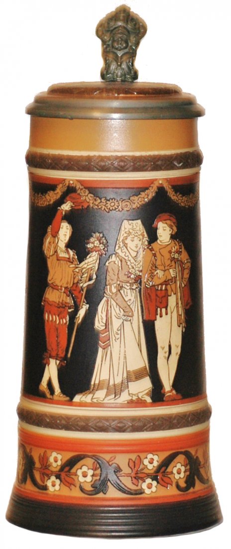 Mettlach Wedding Scene Stein: Mettlach #2255 Etched 1L. Wedding scene. Inlay lid. Mint