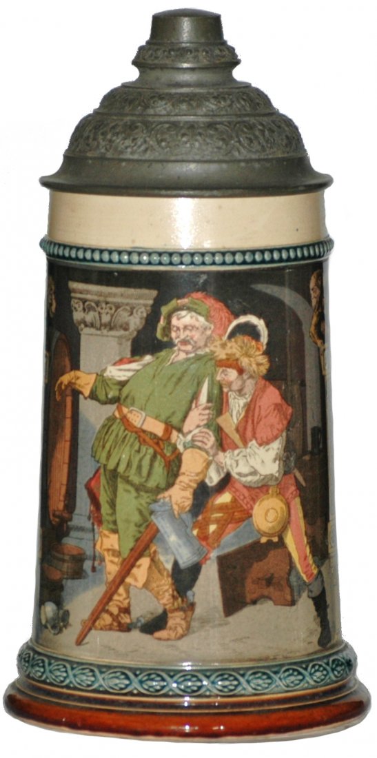 Mettlach Drunken Cavaliers Stein: Mettlach #2271/1055 PUG 1/2L. Drunken cavaliers. Mint.