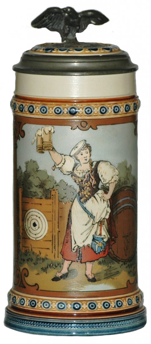 Mettlach Target Girl Stein: Mettlach #2235 Etched 1/2 L. Target girl. Inlay lid. Mint.