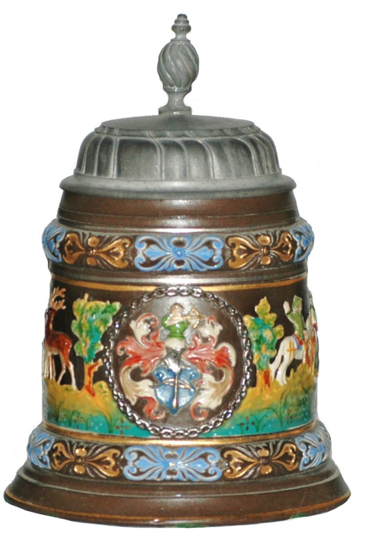Mettlach Kreussen Style Stein: Mettlach #2526 Glazed Relief 1L. Kreussen style. Hunt scene. Mint.