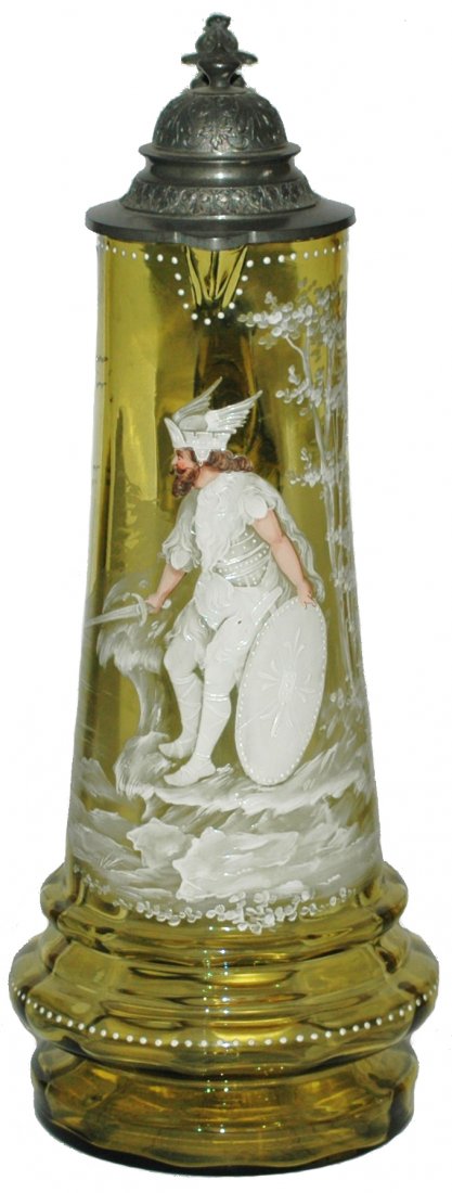 Amber Glass Hermann German Stein: Blown Amber Glass 2L. White enamel Hermann the German scene. Mint