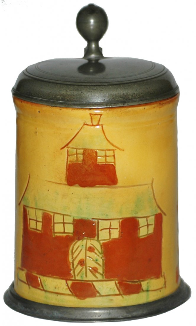 Rare Circa 1740 Hafnerware Scratch Stein: Hafnerware 1/2L. North German. Scratch folk art house design. Circa 1740. Line repair at top rim. Rare. Bob Alutin collection.