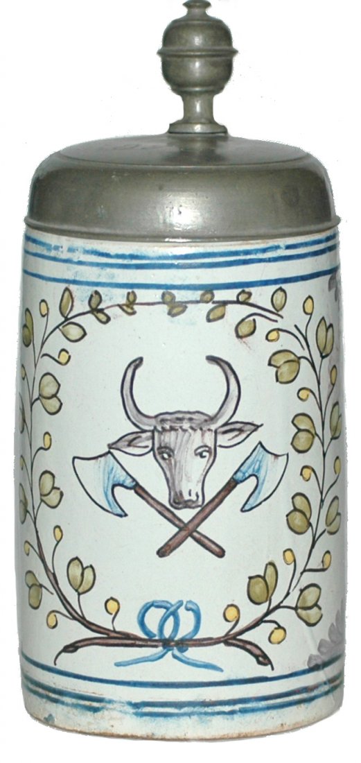 Dresden Butcher Occupational Faience Stein: Faience Stein 3/4L Dresden Factory. Butcher occupational. Circa 1780. Handle line, otherwise very good condition.