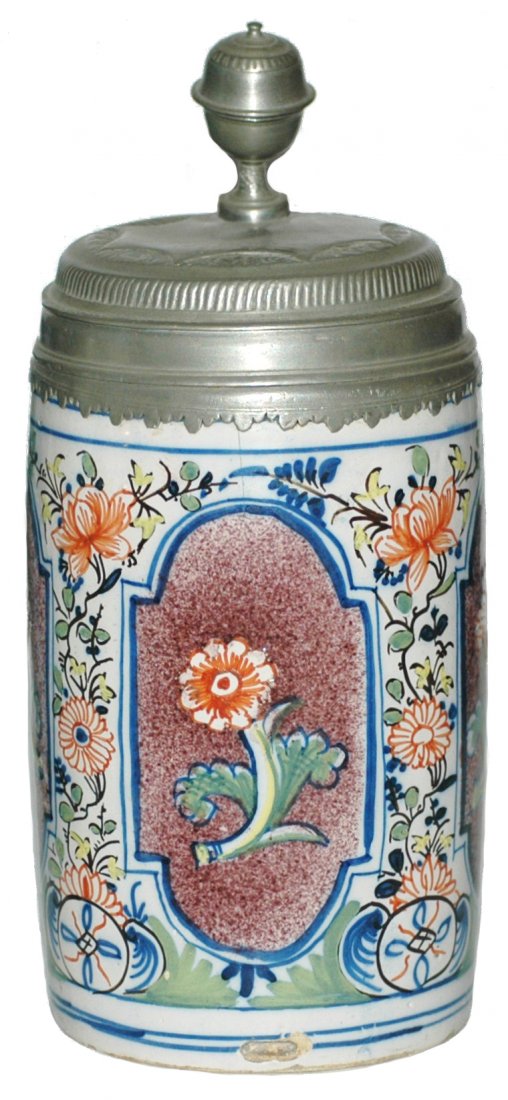 Erfurt Dated 1750 Faience Stein: Faience Stein 1L. Erfurt Factory. Three floral panels. Circa 1740. Very good condition.