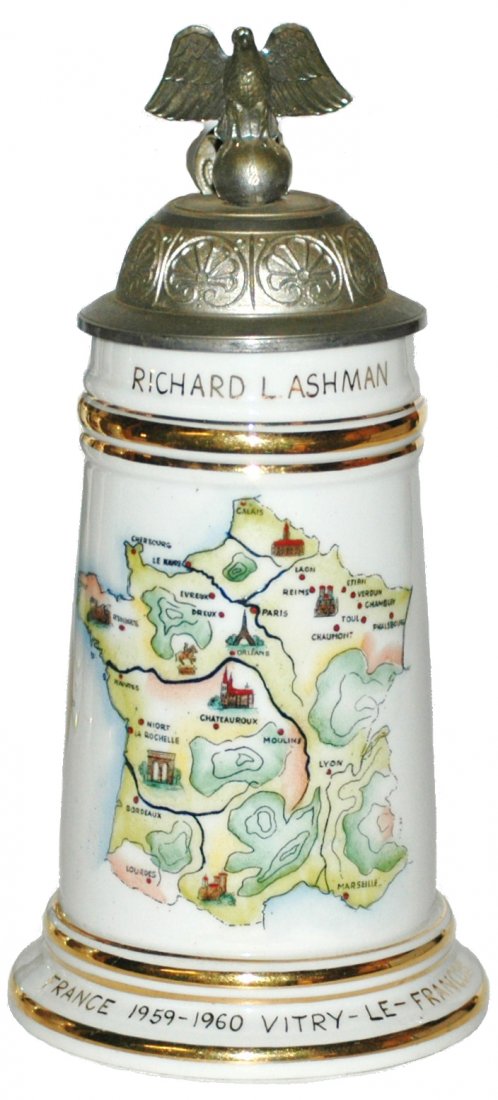 Transportation Unit Cold War Stein: American Cold war Regimental 1/2L. Porcelain. "Transportation unit, France 1959-1960 Vitry-Le-Francois, Richard L. Ashman." Map of Germany. Litho lines.