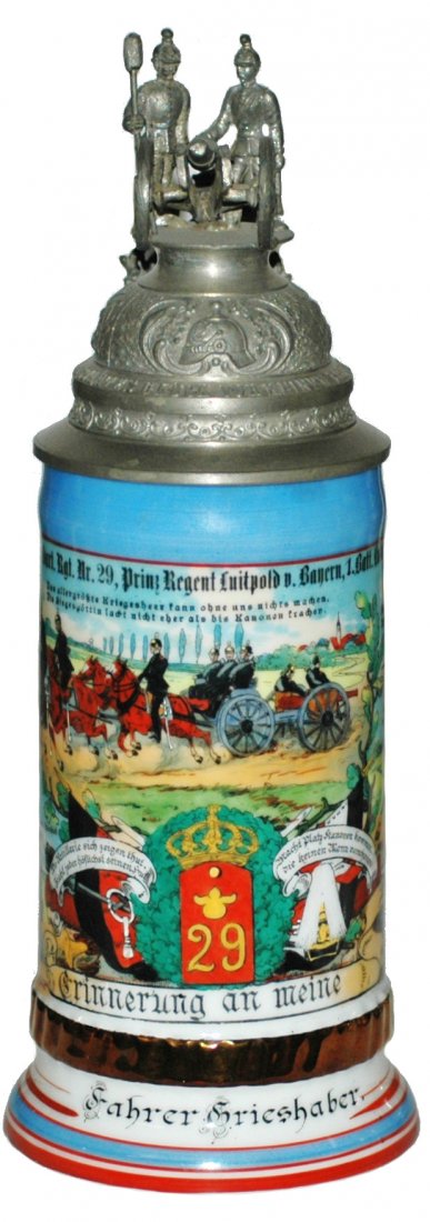 Feld Artillary Regimental Stein: Regimental Stein 1/2L. Porcelain. "2. Wurtt. Feld Art. Regt. Nr. 29 Prinz Regent Luitpold v. Bayern 1. Batt. Ludwigsburg 1904-1906, Fahrer Grieshaber." Four scenes. Rear roster. Crew top cannon finial