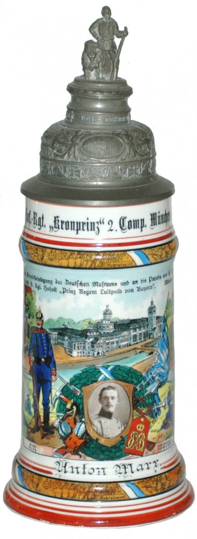 Munchen Inft Regimental Stein: Regimental Stein 1/2L. Porcelain. "2. Inf. Regt. Kronprinz 2. Comp. Munchen 1905-1907, Anton Marr." Four side scenes. Rear roster. Tang repair.