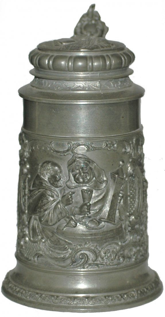 Monks Drinking Scene on Pewter Stein: Pewter Relief 1/2L. Monks drinking at table. Normal wear.