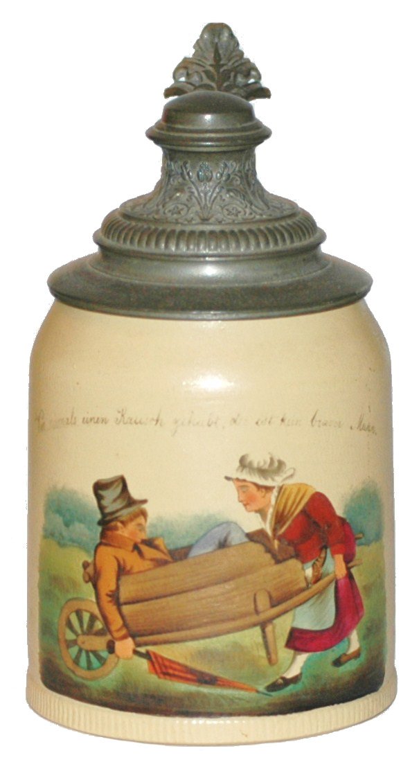 Woman w Drunk Man Stein: Mettlach #431 POG 1/2L. Woman brings drunk home in a wheelbarrow. Mint.
