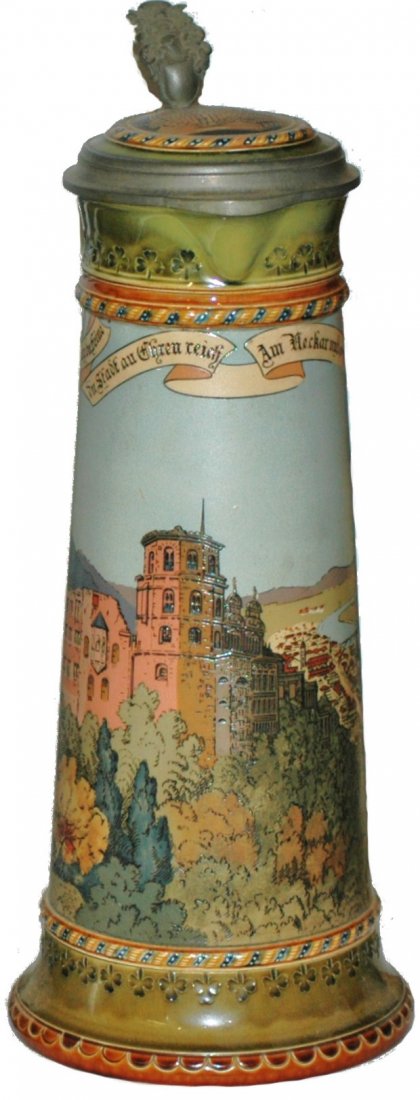 Heidelberg 3L. Mettlach Stein: Mettlach #2796 Etched 3L. Heidelberg. Inlay lid. Tiny craze lines at top rim and minor chip repair to spout.
