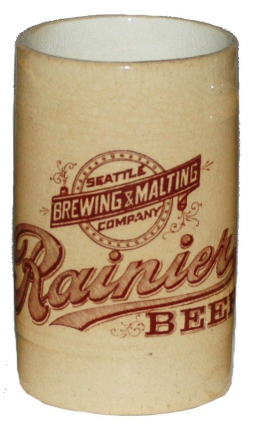 Rainier Beer Seattle Brewing Co Stein: Pottery POG 3/10L. "Rainier Beer, Seattle Brewing & Malting Company." Minor base lines.