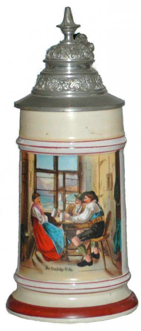 Tavern Scene Porcelain Stein: Porcelain POG 1/2L. Tavern scene. Litho. Mint