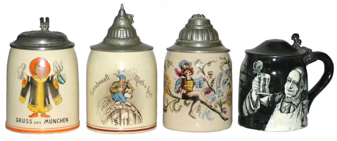 Lot of 4 - Pottery 1/2L. Steins: Group of Four 1/2L. Steins. A.) Pottery POG Munich Child. Base rim flake. B.) Pottery POG student on large barrel. Mint. C.) Pottery POG drinking Cavalier. Mint. D.) Chittenango Pottery POG Monk. Fain
