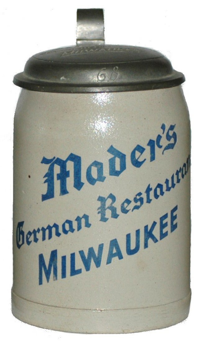 Milwaukee Restaurant Souvenir Adv. Stein: Stoneware POG 1/2L. "Mader's German Restaurant Milwaukee." Base flake.