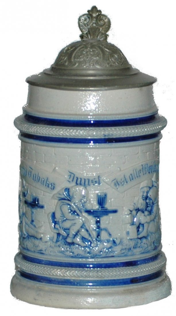 Dwarfs Dring on Stoneware Stein: Stoneware Relief 1/2L. Dwarfs drinking in beer cellar. Mint.