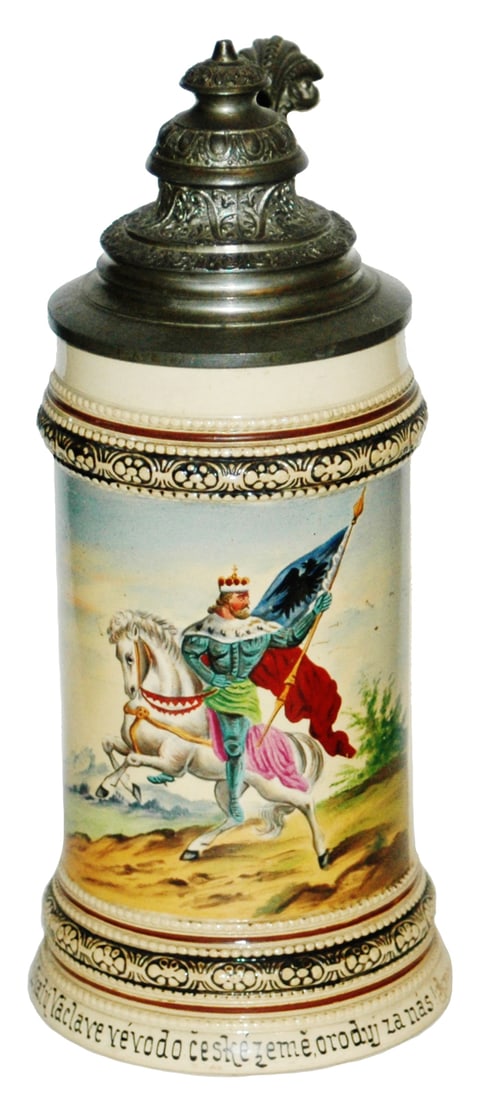 King Carries a Flag on Horseback Czech Verse Stein: Pottery Merkelbach & Wick POG 1/2L. King rides horse carrying flag. Czech verse. Mint.