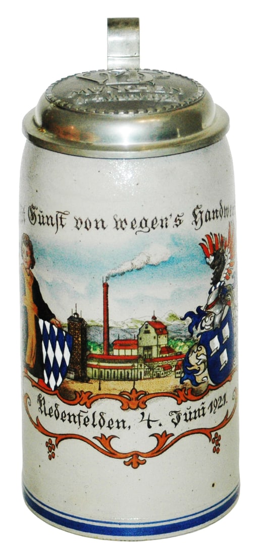 1L "With Thanks Wegens Handwork Stein ": Stoneware POG 1L. “With Thanks from Wegens Handwork Nedenfelden 4 June 1921.” Matching pewter lid. Mint.
