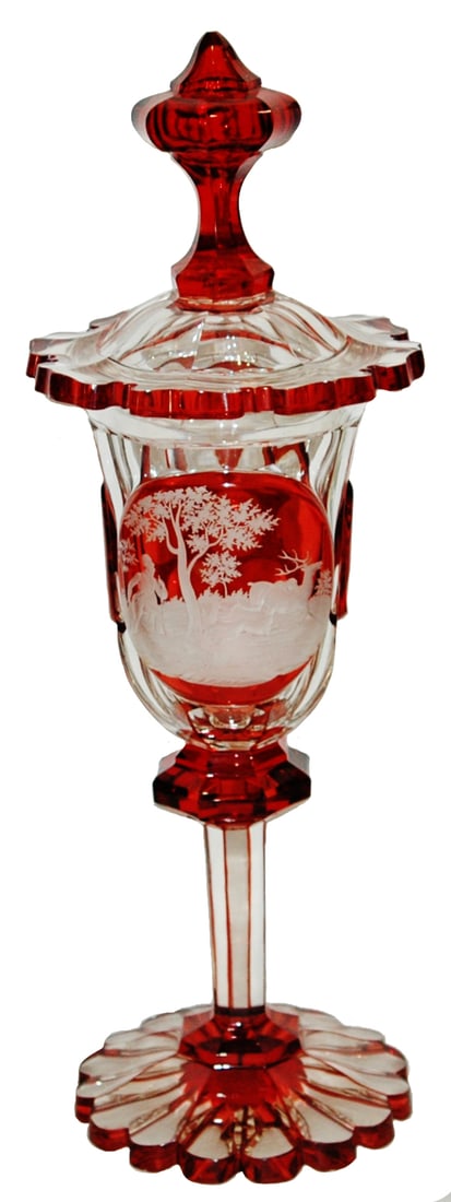 18" Glass Pokal c.1850 Wheel-cut Stag & Hunter (1 of 3)