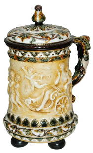 3L Rorstrand Chariot Woman Scene Stein: Rorstrand Swedish Porcelain Relief 3L. Woman in chariot being pulled by cherubs. Matching set on lid. Mint.