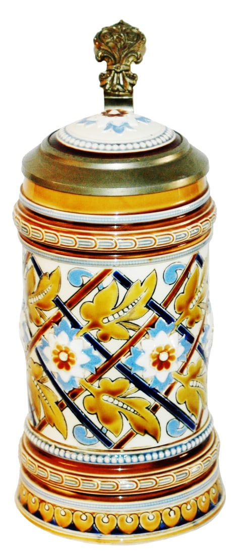 Mettlach Mosaic Glazed Floral Stein w Inlay Lid: Mettlach #1234 Mosaic 1/2L. Glazed floral design. Inlay lid. Mint.
