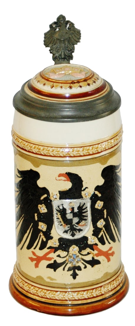 Mettlach Inperial Eagle Relief Stein w Inlay Lid (1 of 5)