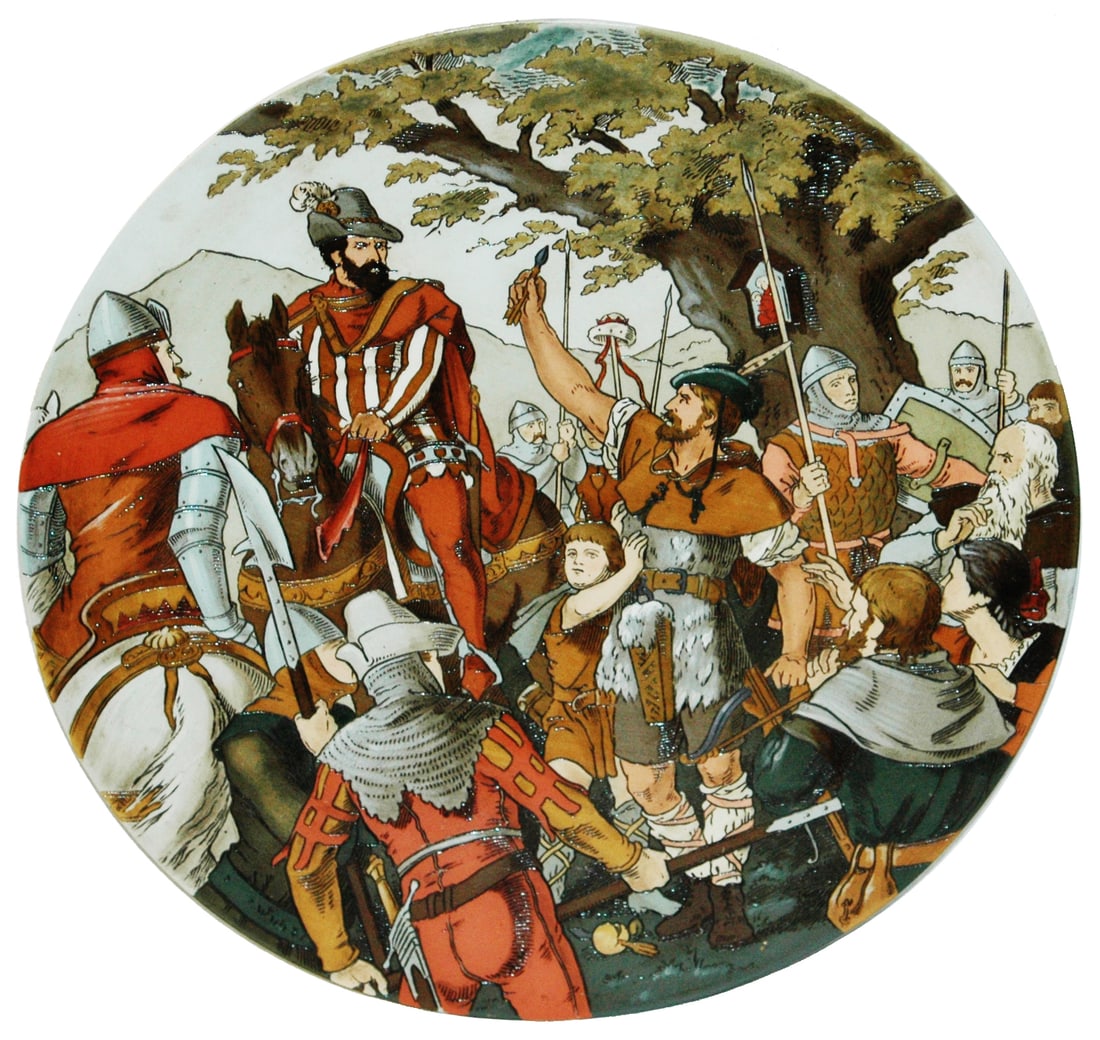 Mettlach William Tell Gathering 14-1/2" Plaque: Mettlach #1770 Etched 14 1/2” Plaque. William Tell and gathering. Mint.