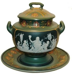 Mettlach 9L Cameo Punchbowl, UnderPlate & Lid: Mettlach #2806 Etched & Cameo 9L Punch Bowl. Two panels of Bacchus and maidens. Underplate and set on lid. Mint.