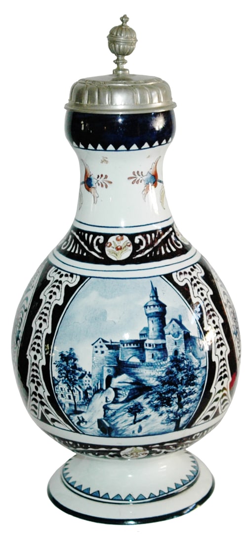 5L Mettlach Nurnberg Tower & City Wall Stein: Mettlach Faience #5003/5003 PUG 5L. Scene of Nurnberg city wall with tower. Mint.