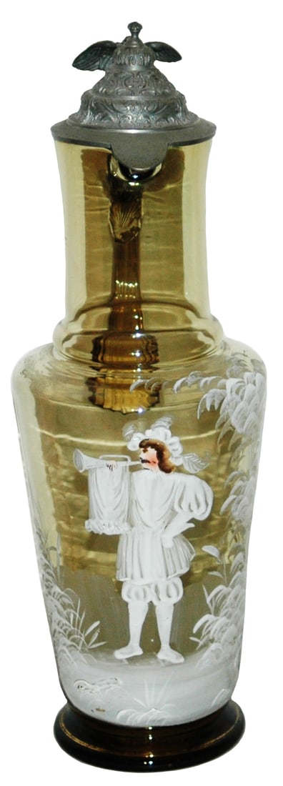 2L Landsknecht Enamel & Floral Design Glass Stein: Blown Amber Glass 2L. White enamel of landsknecht blowing horn and floral design. Mint.