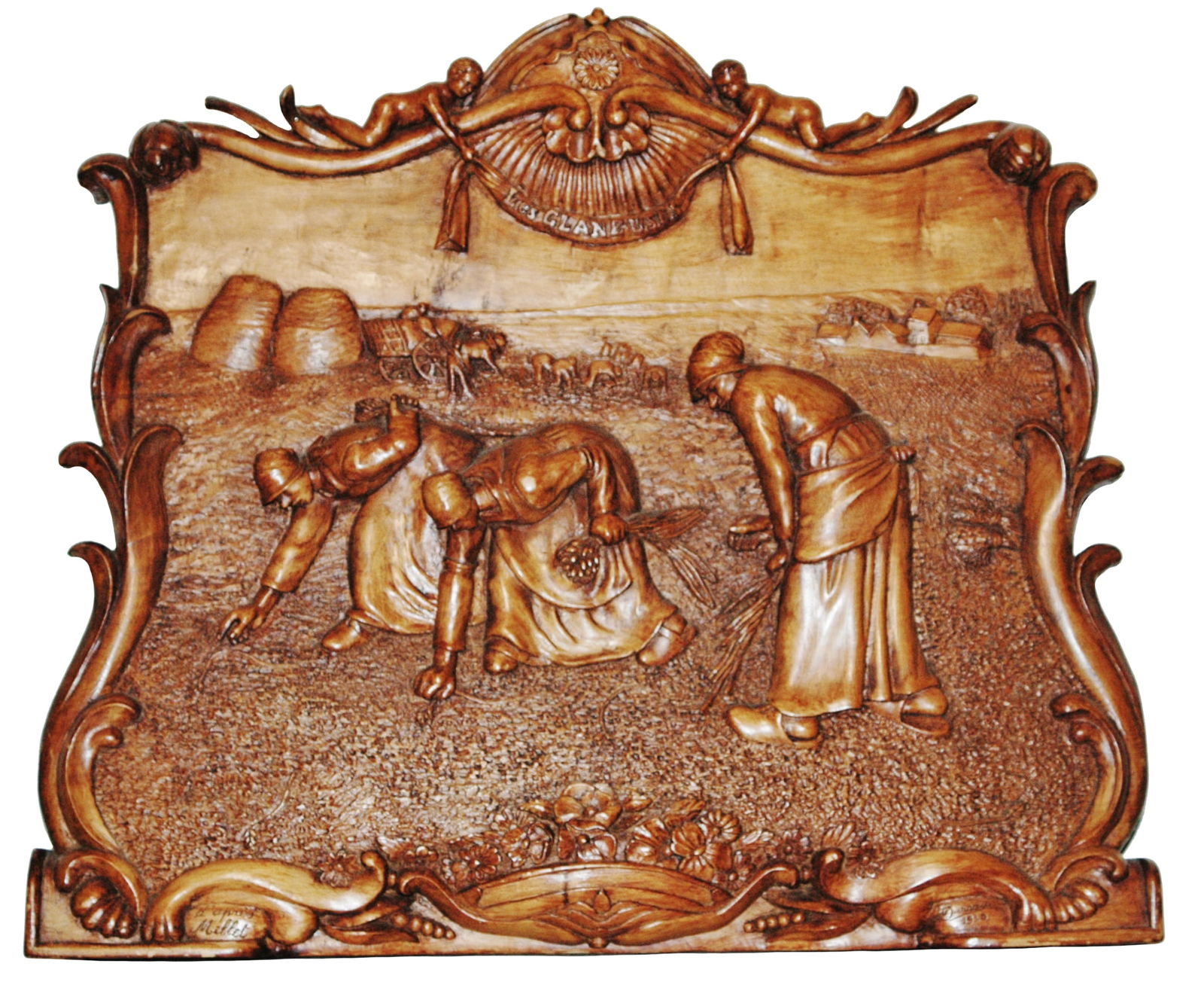 Carved Wood Plaque Dated 1930 Women Picking Wheat (1 of 5)