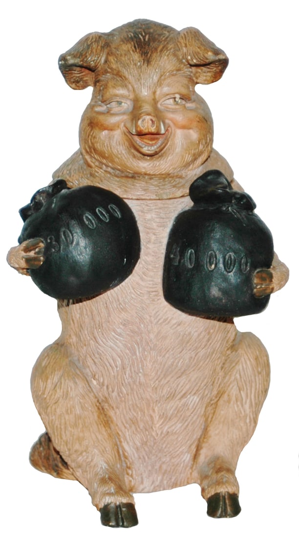 Pig w Money Bags Terracotta Tobacco Jar: Terracotta #1765 8 1/2” Tobacco Jar. Pig holds money bangs. Normal wear.